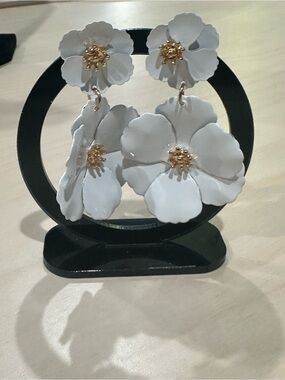 White Double-Tier Floral Statement Drop Earrings (Unsigned)